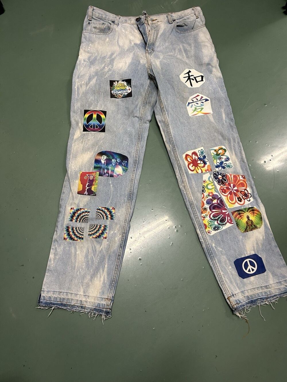 custom-patched and bleached straight-leg denim jeans Size 38x34